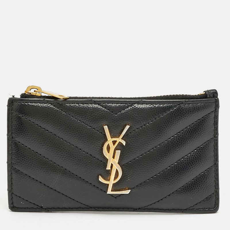Saint Laurent Cassandre Zip Black Matelass&Eacute; Leather Card Case